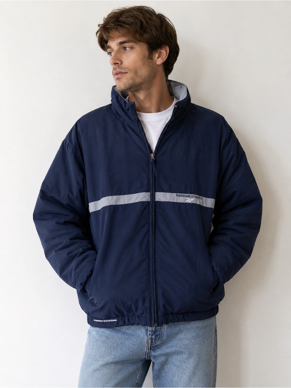 Reebok Navy Blue Puffer Jacket with Light Gray Stripe Large